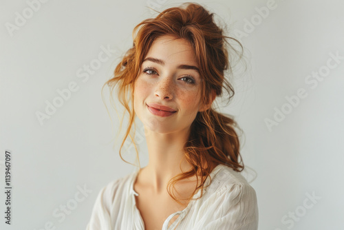 Woman in 20s to 30s pose in casual white attire with understated white gray backgrounds, exuding tranquility and elegance through simplicity.