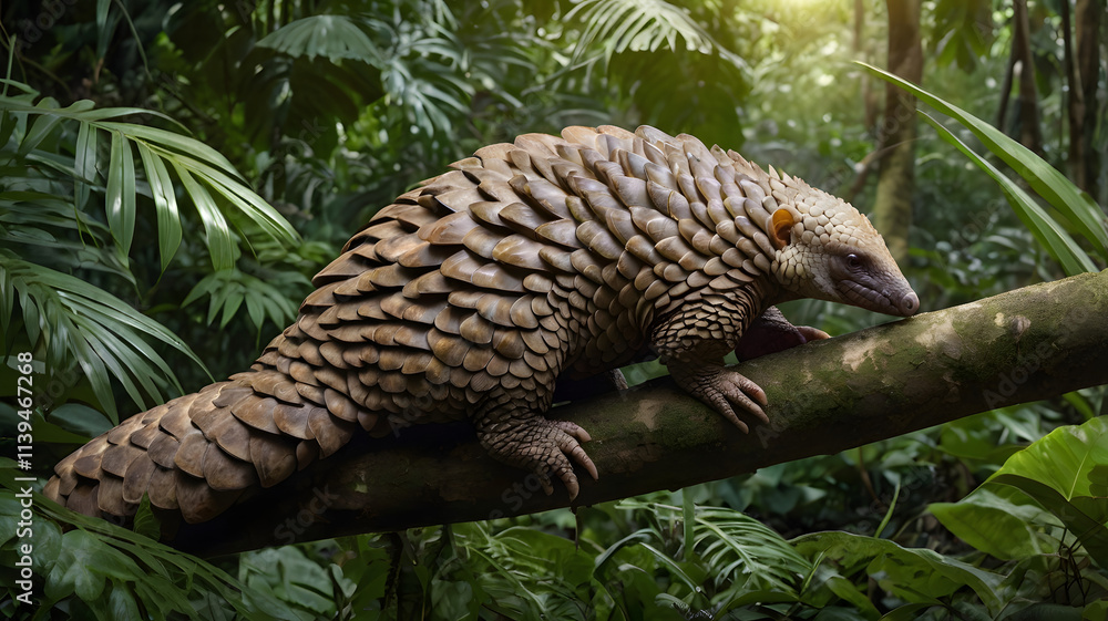 Pangolin in the Rainforest: A solitary pangolin scales a tree branch in the lush, sun-dappled rainforest. Pangolin in the Rainforest: A solitary pangolin scales a tree branch in the lush, sun-dappled rainforest.