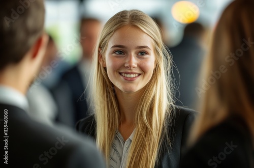 Wallpaper Mural young woman with a confident smile interacts with professionals at a networking event, embodying openness and a strong networking purpose. Torontodigital.ca