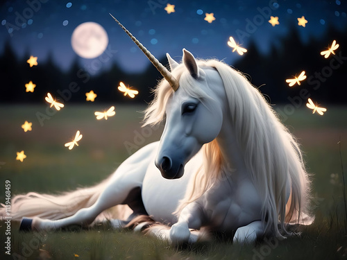 Enchanting night with realistic unicorns in a starry meadow magical creatures tranquil landscape fantasy viewpoint