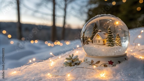 Snow Globe On Snow With Golden Lights