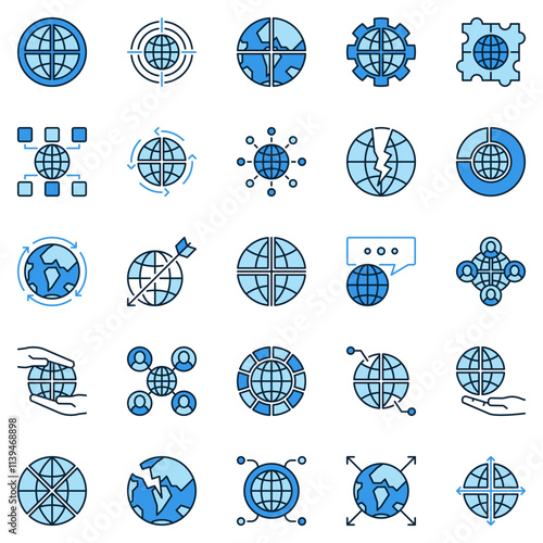 Multipolarity blue vector icons set. Earth Globe symbols