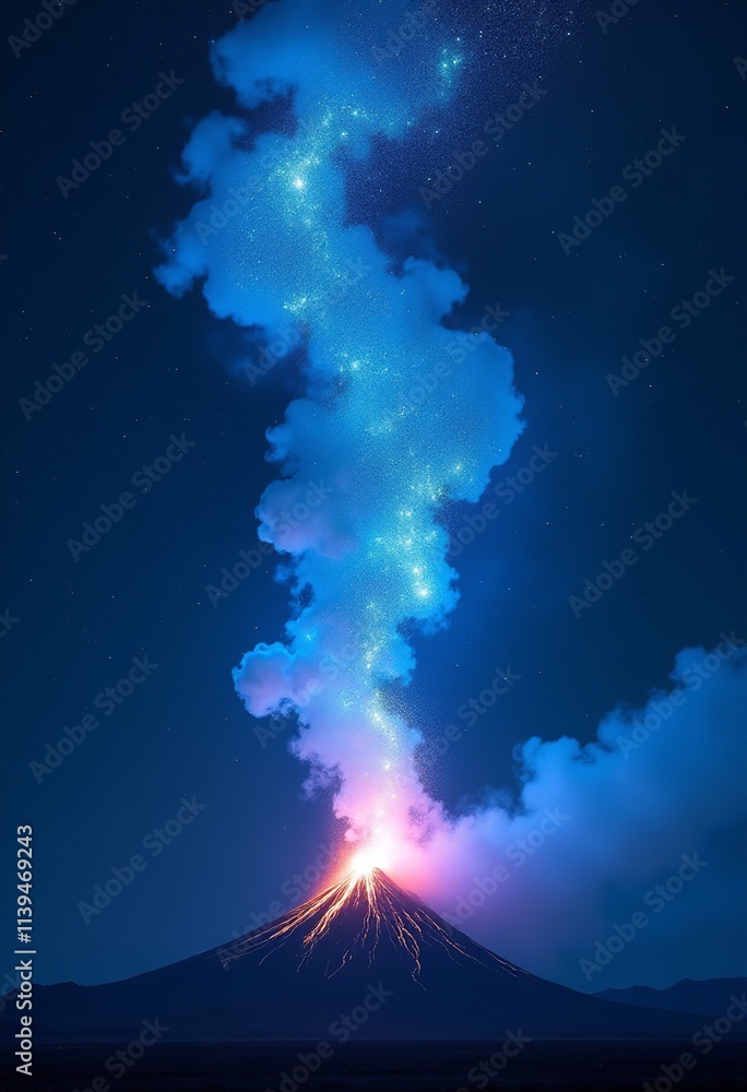 Fototapeta premium Mystical Volcano Eruption with Ethereal Blue Flames Rising into the Night, Forming Intricate Stardust Patterns in the Sky