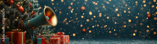 Megaphone leaning against a decorated Christmas tree, with twinkling lights and gifts
