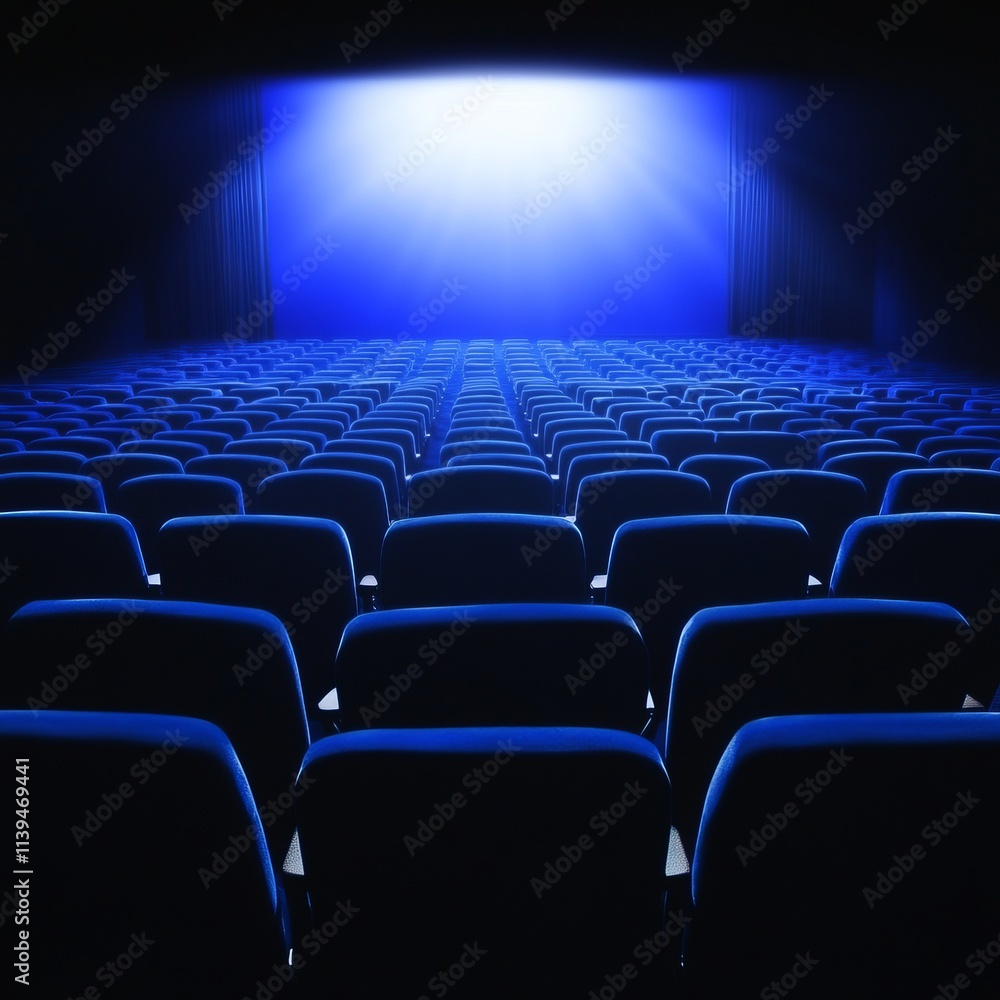 Obraz premium Empty Blue Cinema Seats Awaiting Audience in Dark Theater