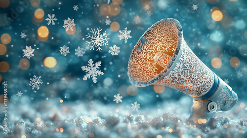 Megaphone with intricate snowflakes swirling around it, set against a soft bokeh background