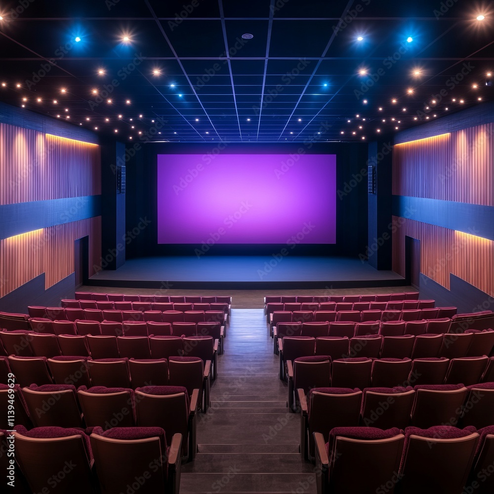 Fototapeta premium Empty Modern Movie Theater with Purple Screen Showing