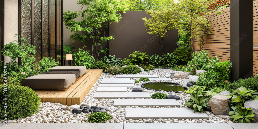 Serene outdoor garden space featuring modern landscaping and tranquil water feature Serene outdoor garden space featuring modern landscaping and tranquil water feature