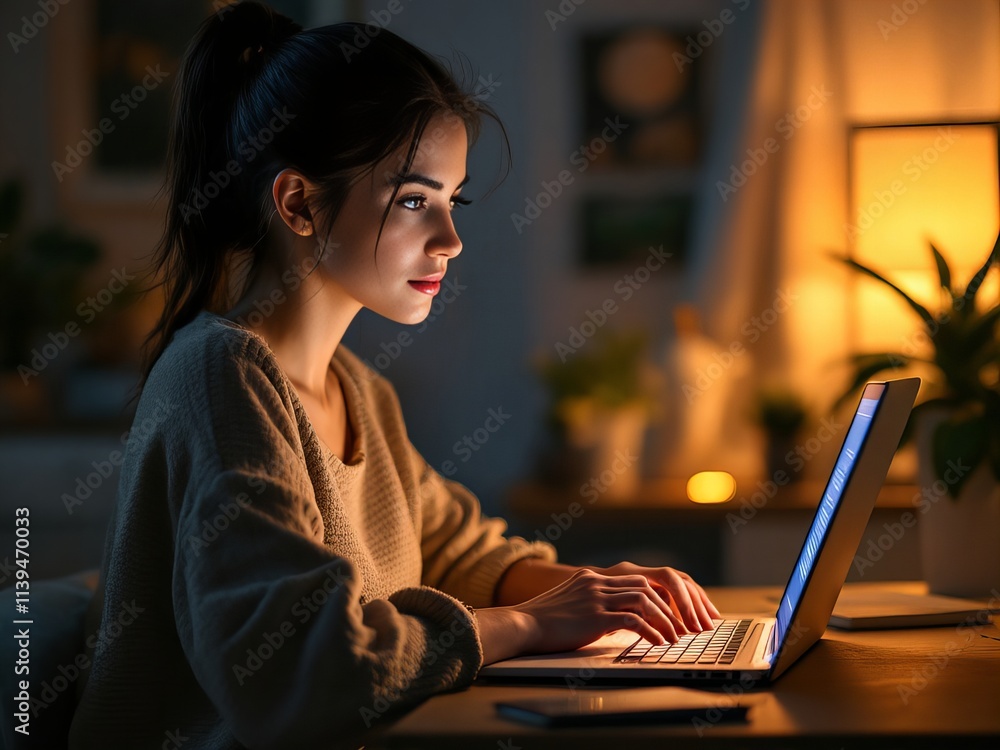 Focused Young Woman Working on Laptop at Night, Cozy Home Office Environment, Digital Productivity and Remote Work Concept, Warm Ambient Lighting Focused Young Woman Working on Laptop at Night, Cozy Home Office Environment, Digital Productivity and Remote Work Concept, Warm Ambient Lighting
