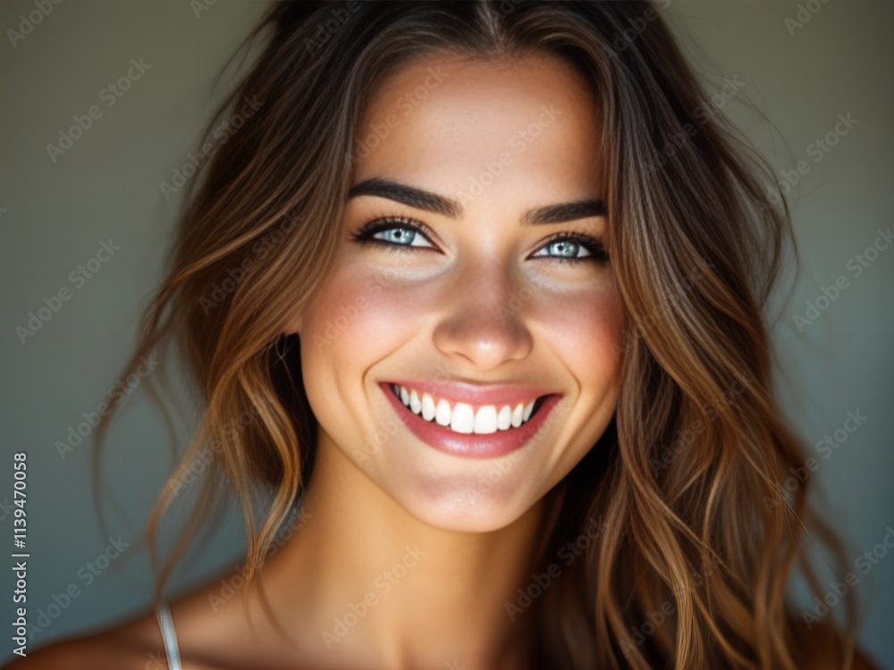 Close-Up of Smiling Woman with Bright Eyes, Natural Beauty and Healthy Skin, Happiness and Confidence Concept, Portrait of a Young Woman with Radiant Smile Close-Up of Smiling Woman with Bright Eyes, Natural Beauty and Healthy Skin, Happiness and Confidence Concept, Portrait of a Young Woman with Radiant Smile
