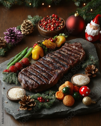 A beautifully grilled steak accompanied by festive decorations and colorful vegetables, creating a warm holiday feast. photo