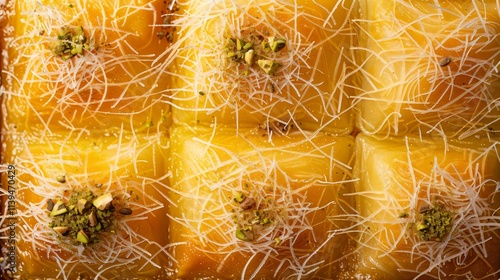 Traditional Arabic kunafa dessert topped shredded cheese pistachios pine offering sweet savory combination photo