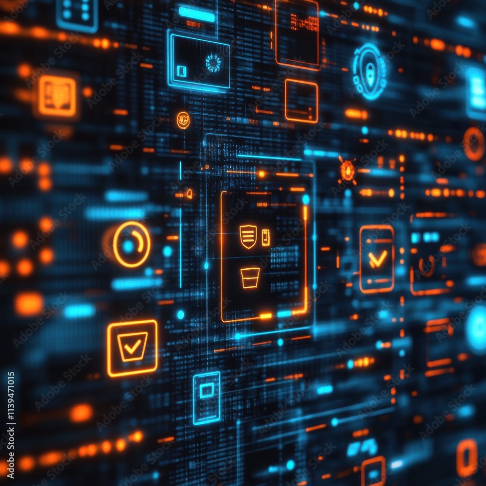 A vibrant digital network of glowing orange and blue icons representing technology and cybersecurity. A vibrant digital network of glowing orange and blue icons representing technology and cybersecurity.