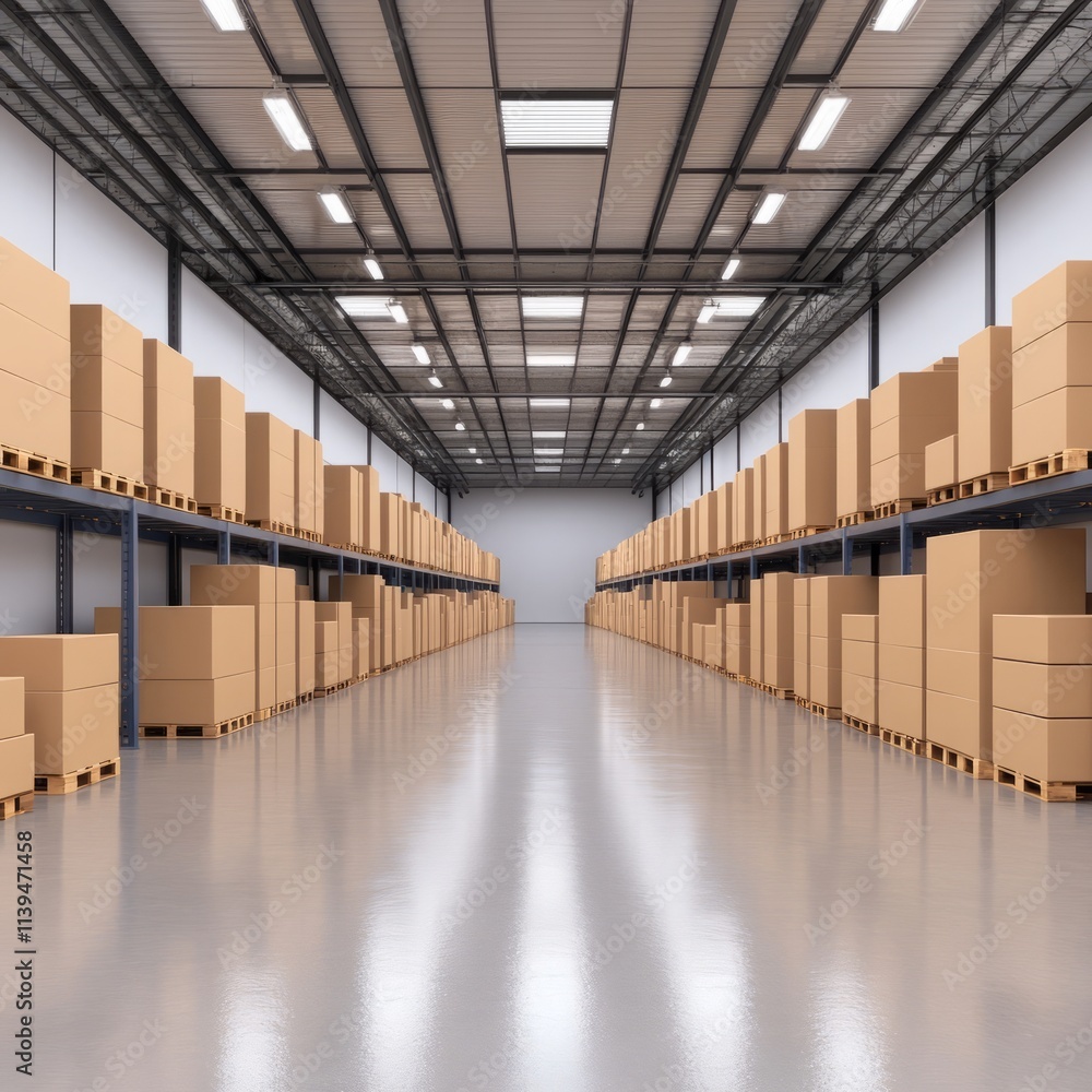 Fototapeta premium Expansive Warehouse Interior with Stacked Cardboard Boxes