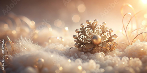 macro shot of delicate ornate object surrounded by soft textures, capturing elegance and intricate details of design. warm light enhances its beauty photo