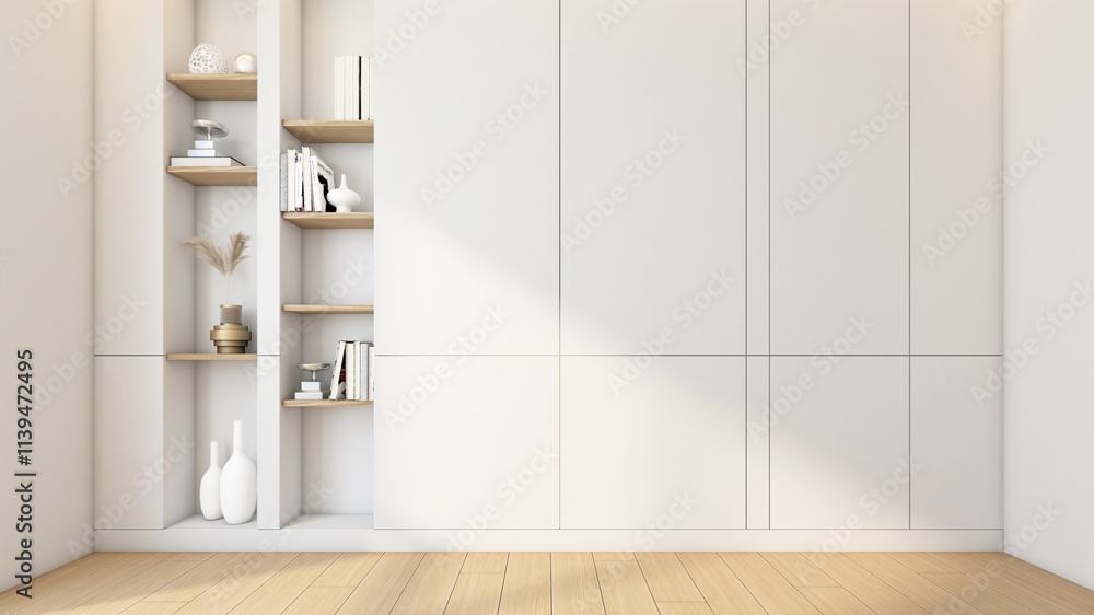 Modern Japanese-style empty room with wood built-in bookshelf. Wooden floor and white wall. 3d rendering Modern Japanese-style empty room with wood built-in bookshelf. Wooden floor and white wall. 3d rendering