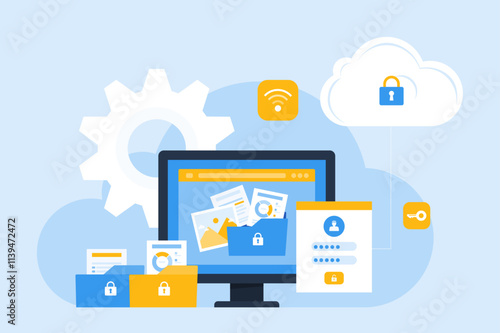 technology cloud storage backup. business cloud computing and datacenter security concept. with administrator and developer team. flat vector illustration design.
