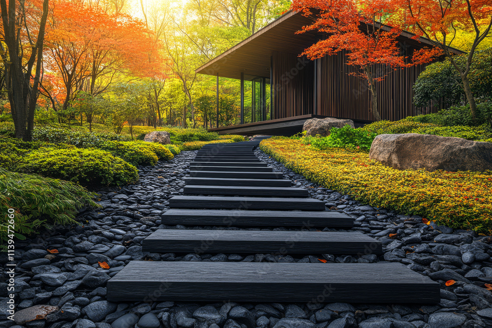 Fototapeta premium Charming pathway leading to a modern house surrounded by colorful autumn foliage
