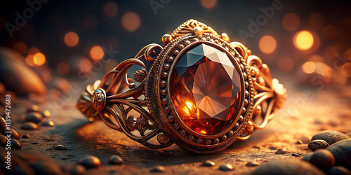 stunning cinnamon colored jewel set in ornate gold ring, showcasing intricate details and sparkling accents, illuminated by warm, ambient light