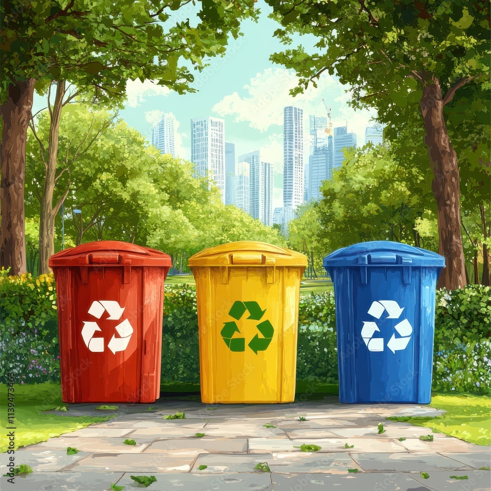 Three colorful recycling bins amidst a lush green park with a city skyline in the background. Three colorful recycling bins amidst a lush green park with a city skyline in the background.