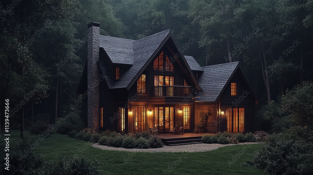 Cozy Cabin in the Dark Forest at Night Cozy Cabin in the Dark Forest at Night