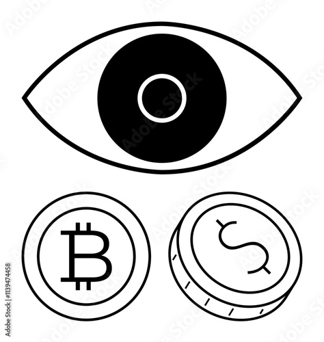 Eye observing Bitcoin and dollar coins, representing cryptocurrency and financial surveillance. Ideal for finance, cryptocurrency, security, technology, business insights, investment strategies