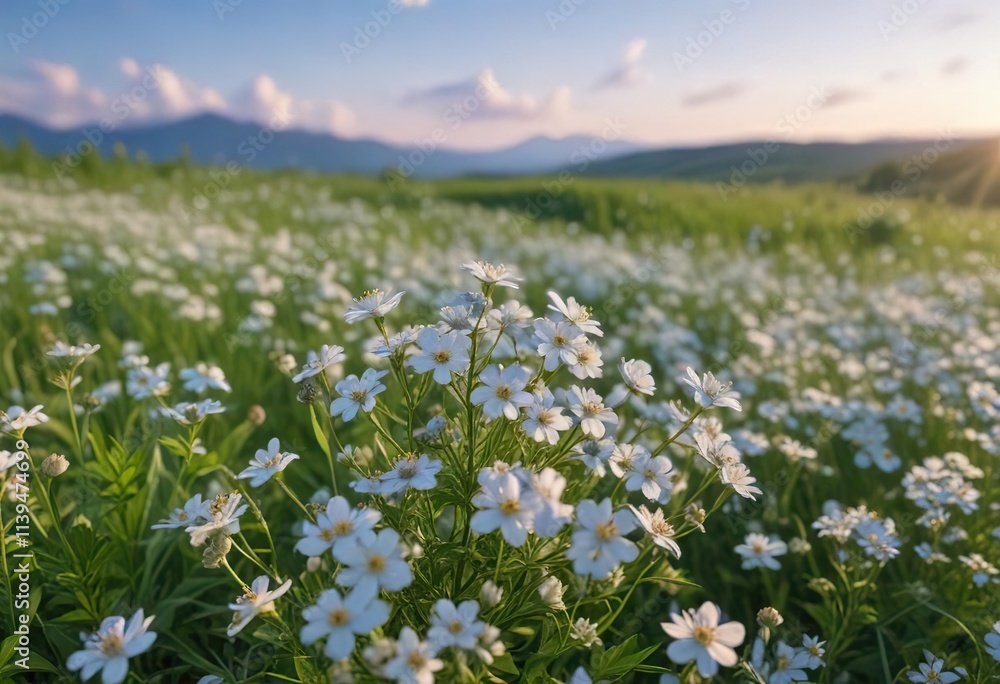 Pastel blue sky with clusters of small white wildflowers dotting the landscape, white flowers, delicate blooms, pastel sky blue Pastel blue sky with clusters of small white wildflowers dotting the landscape, white flowers, delicate blooms, pastel sky blue