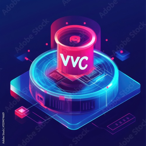 Futuristic digital representation of a virtual container labeled 'VVC', showcasing vibrant neon colors and technology. photo