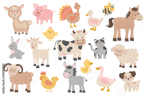 Cute farm animals set. Big set of cartoon farm animals and pets for kids.