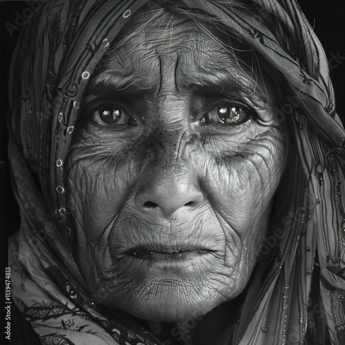 An elderly woman deepset eyes wrinkled complexion wears traditional headscarf her gaze directed viewer black white portrait