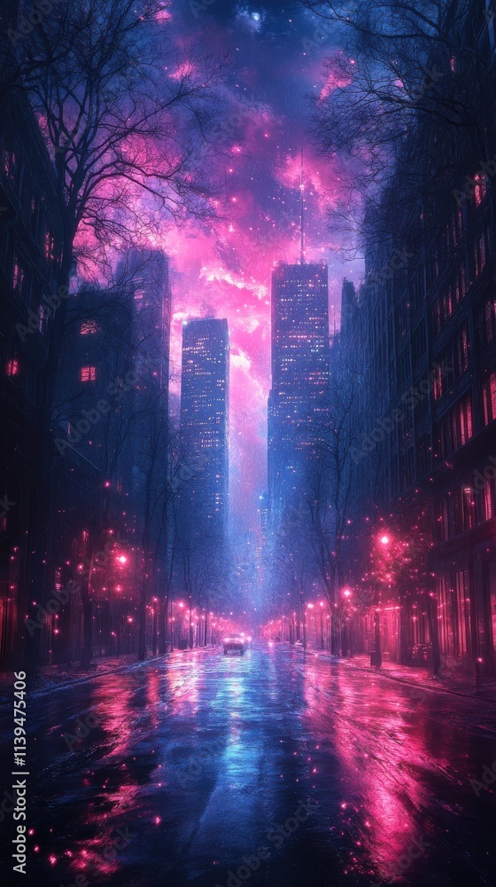 A vibrant, neon-lit cityscape at night, reflecting colorful lights on a wet street. A vibrant, neon-lit cityscape at night, reflecting colorful lights on a wet street.