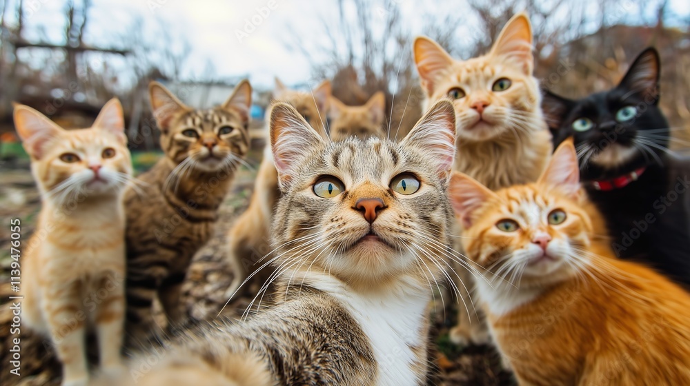 A group of cats are busy taking selfies. A group of cats are busy taking selfies.