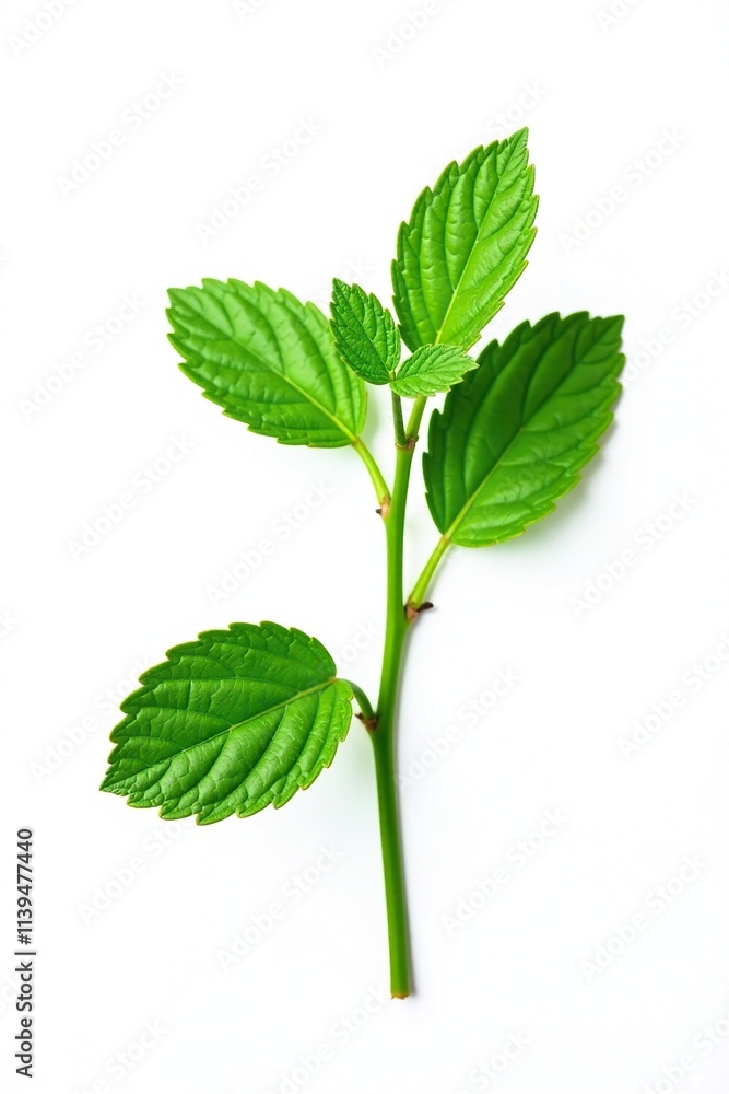 Fresh mint branch with delicate leaves isolated on white background, detail, leafy greens, foliage Fresh mint branch with delicate leaves isolated on white background, detail, leafy greens, foliage