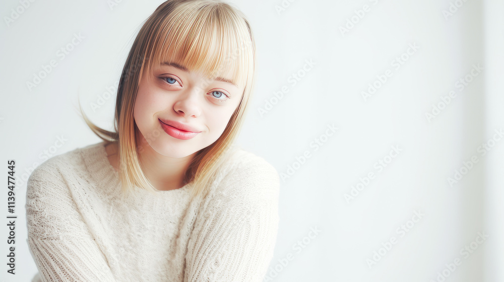 Portrait of smiling laughing woman with Down syndrome white background. Portrait of smiling laughing woman with Down syndrome white background.