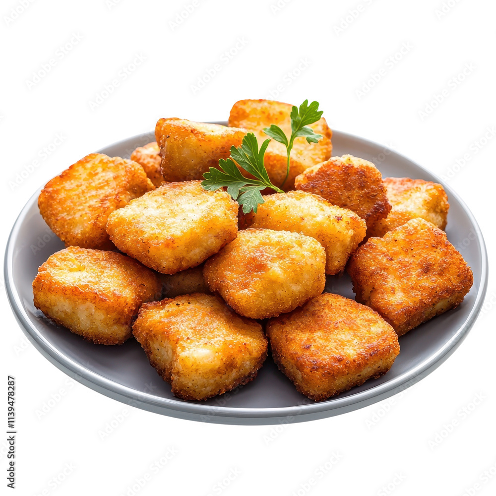 Chicken nuggets on a plate, isolated on a white background, offering a simple and classic presentation. PNG Chicken nuggets on a plate, isolated on a white background, offering a simple and classic presentation. PNG