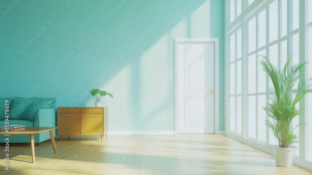 Sunlit living room with teal wall, sofa, and large window. Sunlit living room with teal wall, sofa, and large window.