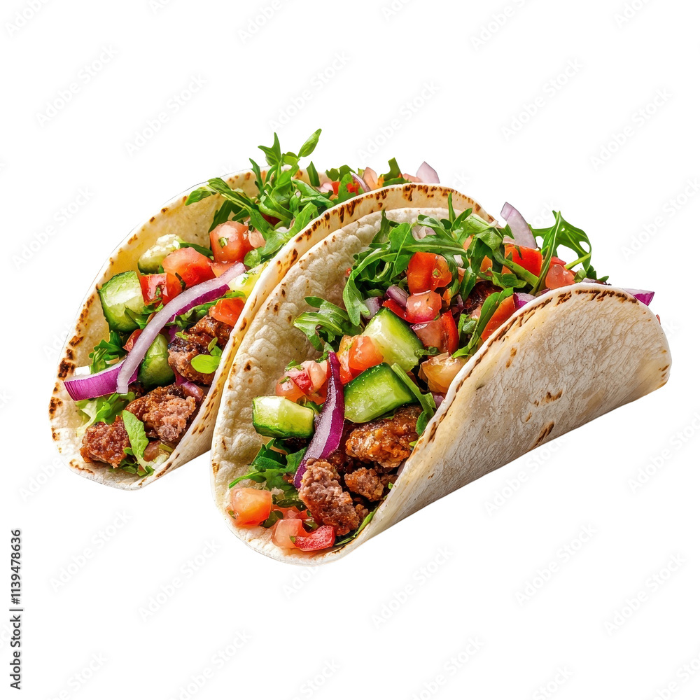 Taco isolated on a white background, showcasing its vibrant and colorful fillings. PNG Taco isolated on a white background, showcasing its vibrant and colorful fillings. PNG