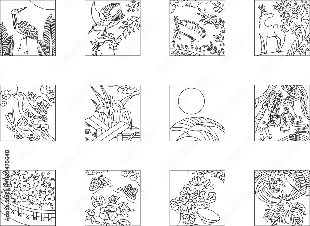 12種類の正方形花札アイコンセット