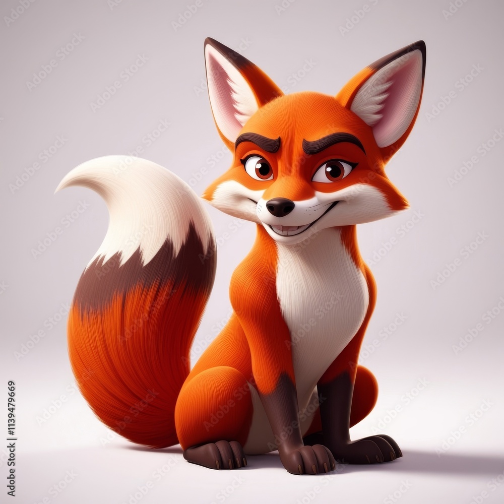 Obraz premium Charming cartoon style fox character with bright eyes, a cheeky smile, and realistic fur details.
