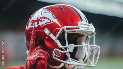 A close-up of a red football helmet with a logo, showcasing the sport's equipment and player focus.