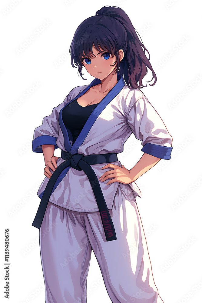 A confident female martial artist in a karate uniform, showcasing her black belt. A confident female martial artist in a karate uniform, showcasing her black belt.