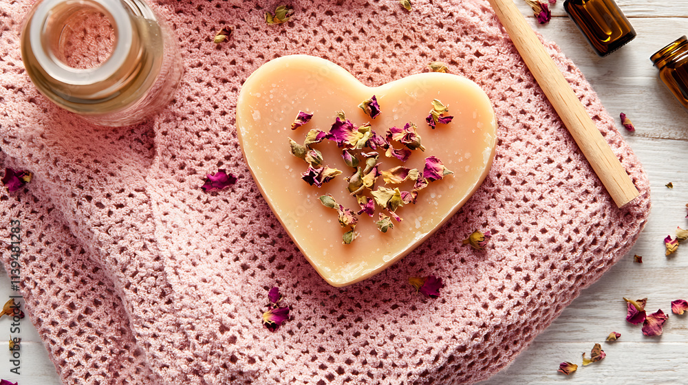 Heart shaped soap with dried rose petals on cozy pink blanket Heart shaped soap with dried rose petals on cozy pink blanket
