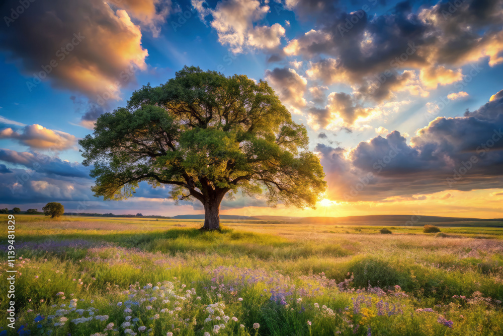 serene landscape unfolds under vibrant sky, featuring majestic tree surrounded by colorful wildflowers. warm sunlight casts golden hue over peaceful scene serene landscape unfolds under vibrant sky, featuring majestic tree surrounded by colorful wildflowers. warm sunlight casts golden hue over peaceful scene