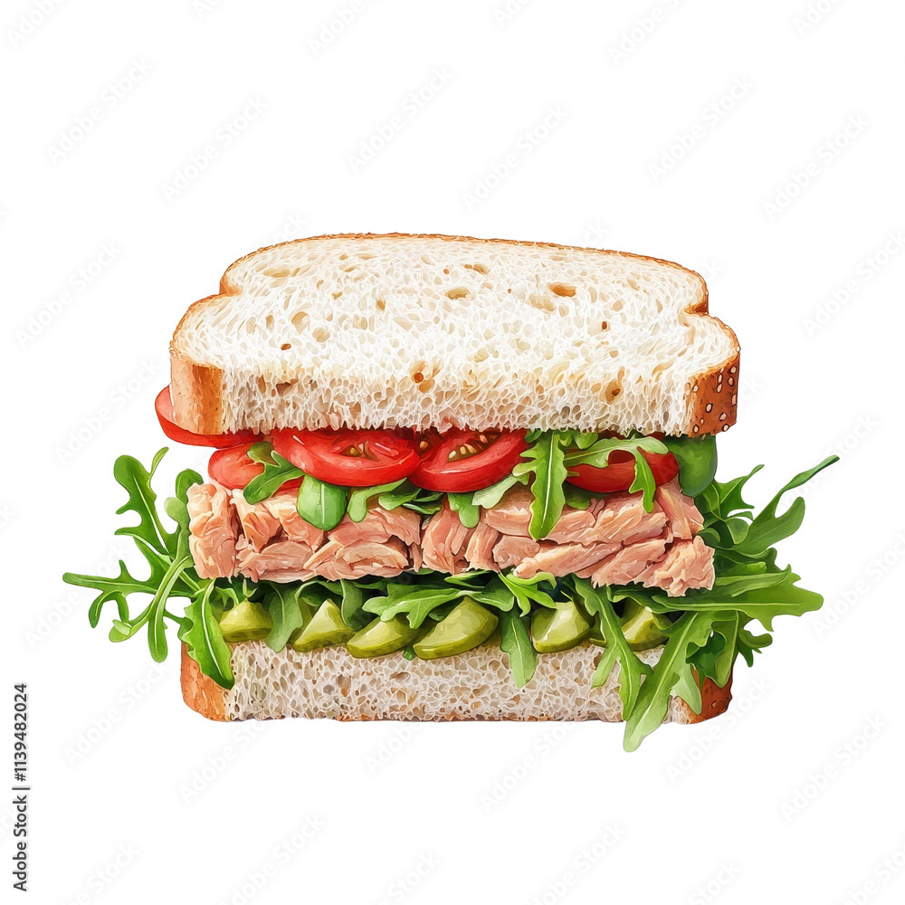 Watercolor-style tuna sandwich, isolated on a white background, soft and visually appealing. PNG Watercolor-style tuna sandwich, isolated on a white background, soft and visually appealing. PNG