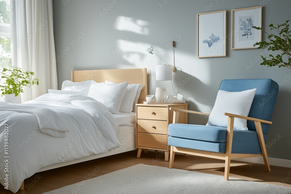 Modern and cozy bedroom featuring a bed, blue chair, and natural light. Modern and cozy bedroom featuring a bed, blue chair, and natural light.