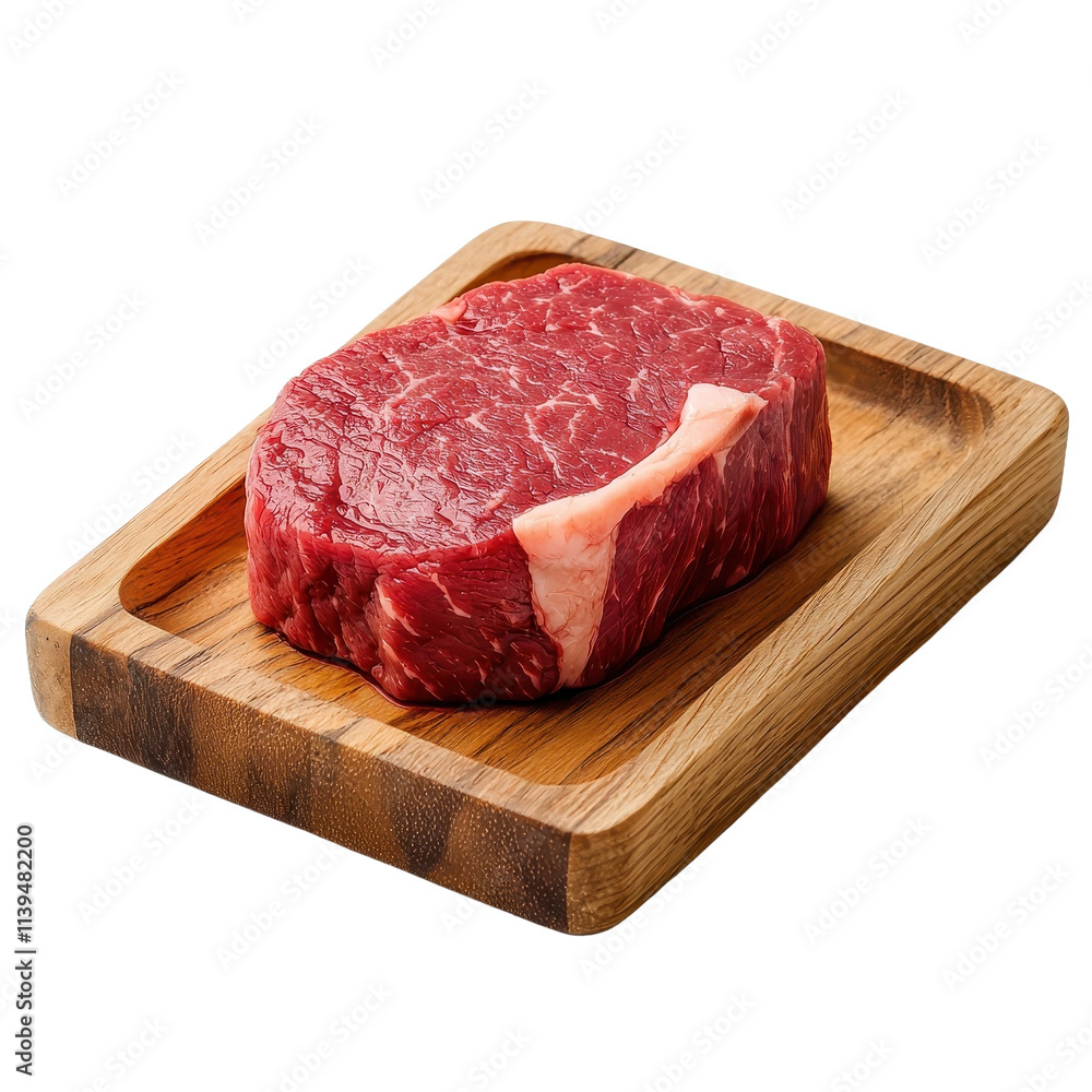 Tenderloin steak on a wooden tray, isolated on a white background, adding a rustic and elegant charm. PNG Tenderloin steak on a wooden tray, isolated on a white background, adding a rustic and elegant charm. PNG