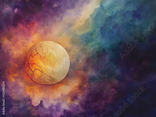 Watercolor UFO resembling glowing alien sphere in vibrant cosmic nebula, unidentified flying object, colorful space background, sci-fi concept, extraterrestrial design, mysterious atmosphere

