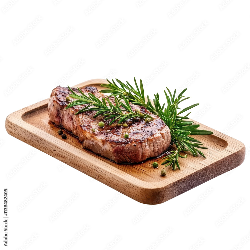 Striploin steak on a wooden tray, isolated on a white background, adding a rustic charm. PNG Striploin steak on a wooden tray, isolated on a white background, adding a rustic charm. PNG