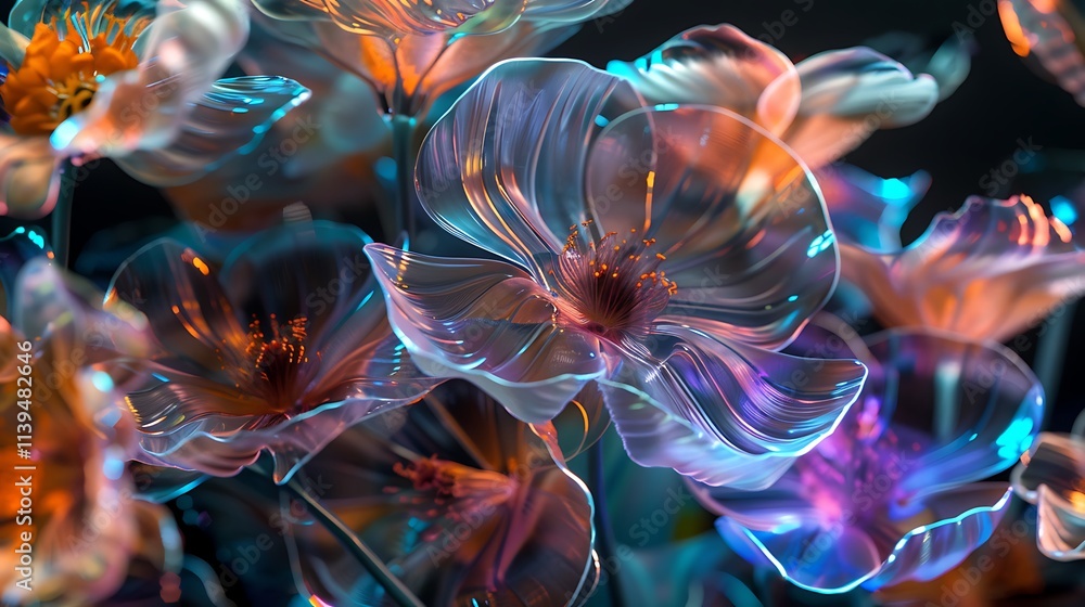 Naklejka premium A dynamic image of plexiglass flowers captured in motion, with light reflecting and refracting through their petals. 8k UHD, suitable for high-quality printing or digital display. 