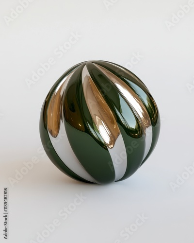 Abstract green and silver sphere with swirling design.